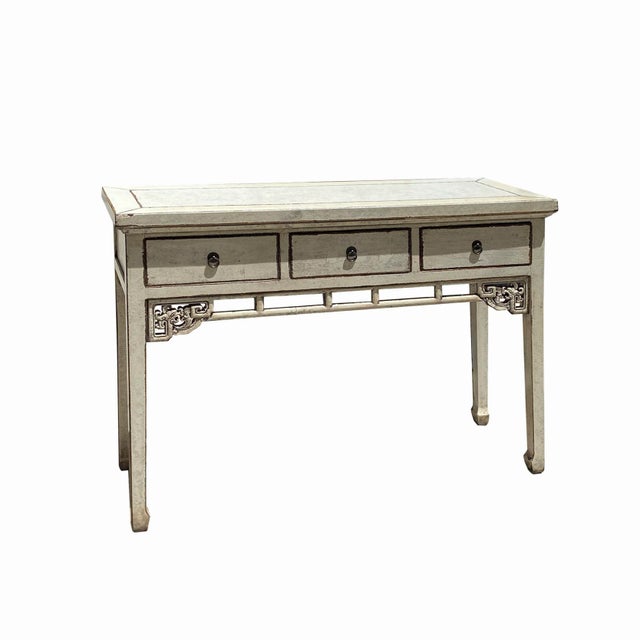 Contemporary Chinese Distressed Off White 3 Drawers Side Pedestal Console Table For Sale - Image 3 of 7