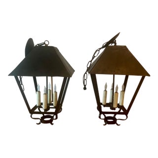 Mid 20th Century Pair of Antique Wrought Iron French 4 Light Open Hanging Lanterns For Sale