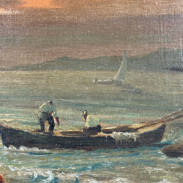 Antique Italian Coastal Village Fishermen Oil Painting – Salvaged Canvas Fragment For Sale In Tampa - Image 6 of 12