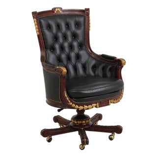 Francesco Molon Black Tufted Leather Swivel Arm Chair For Sale