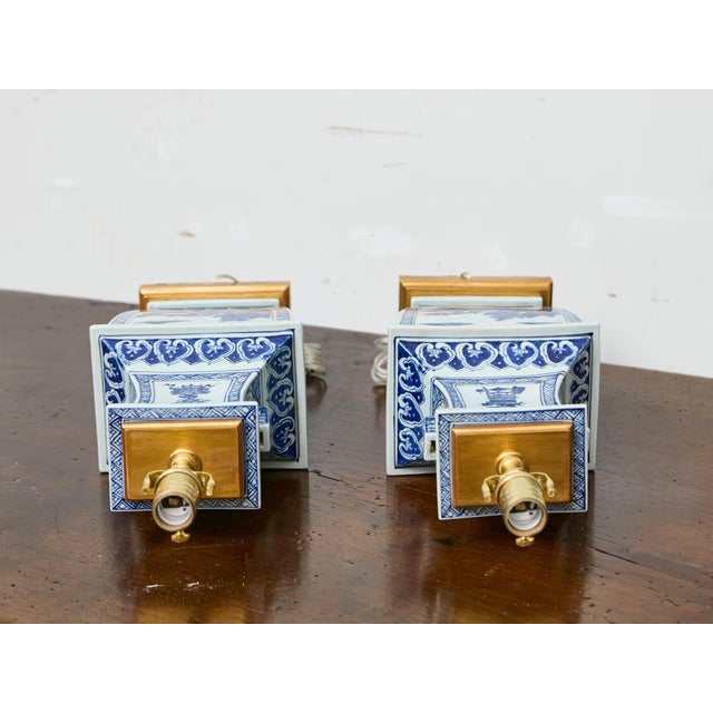 Wood 1920s Blue and White Porcelain Table Lamps, Asian - Pair For Sale - Image 7 of 11