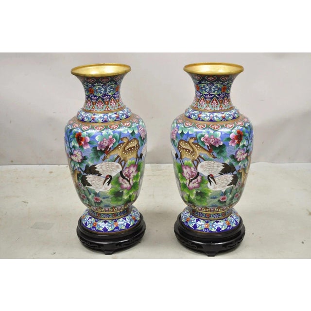 Vintage Chinese Cloisonné Porcelain Enamel Figural Crane and Deer Vase - a Pair. Item features removable carved wooden...