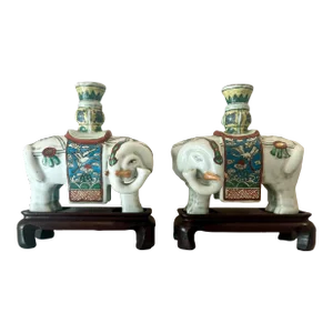 Mid 20th C. Chinese Export Famille Rose Elephant Candle Holders, Pair