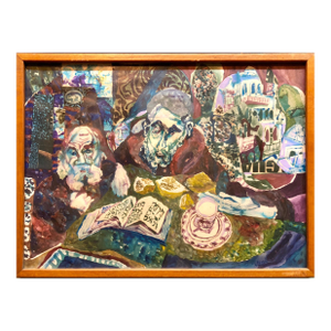 Paul ShimonAssemblage Collage Painting Outsider Art Rabbis Studying, Jerusalem