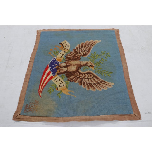 This 4x4 vintage needlepoint rug is a rare signed piece and pictorial design, handmade with wool circa 1960-1970. On the...
