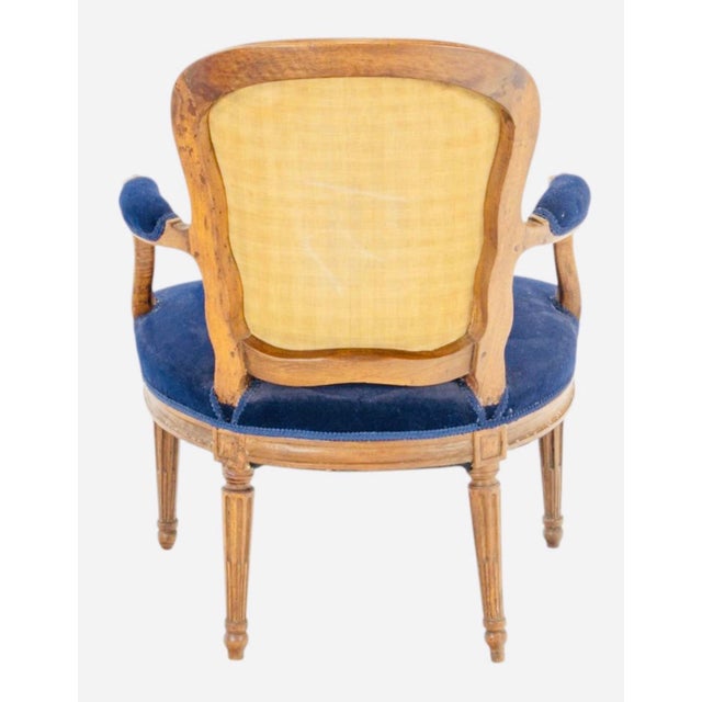 French Provincial Antique French Louis XVI Style Sapphire Blue Velvet Armchair, Circa 1900 For Sale - Image 3 of 4