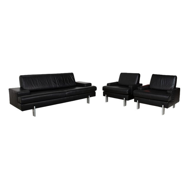 AK 644 3-Seater Sofa and Lounge Chairs in Black Leather from Rolf Benz, Set of 3 For Sale