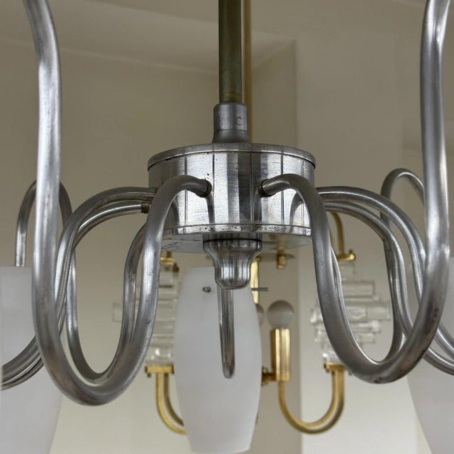 Metal Modernist 9-Light Scenographic Chandelier in Glass and Steel, 1970s For Sale - Image 7 of 10