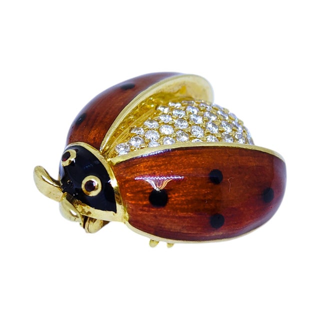 Late 20th Century Vintage 18k Gold Enamel and Diamond Ladybug Brooch For Sale - Image 5 of 10