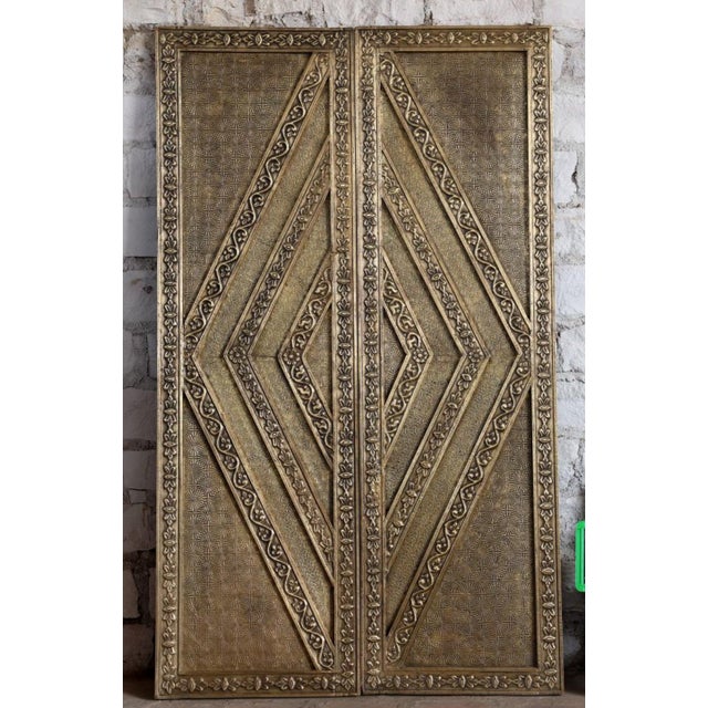 Vintage Brass-Clad Statement Hand-Carved Sliding Barn Door 80x48 For Sale - Image 4 of 7