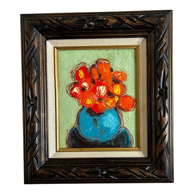 Contemporary Original Alexandra Brown Pop Floral Still Life Oil Painting Chunky Vintage Frame For Sale