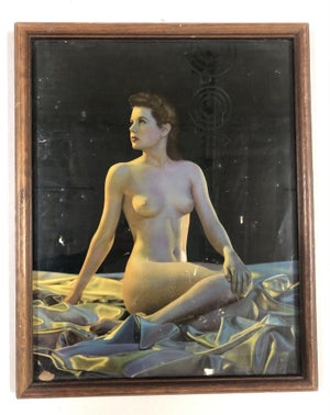 1942 Wwii Pin-Up Nude Female Lithograph by Signed C Moss in Wood Frame