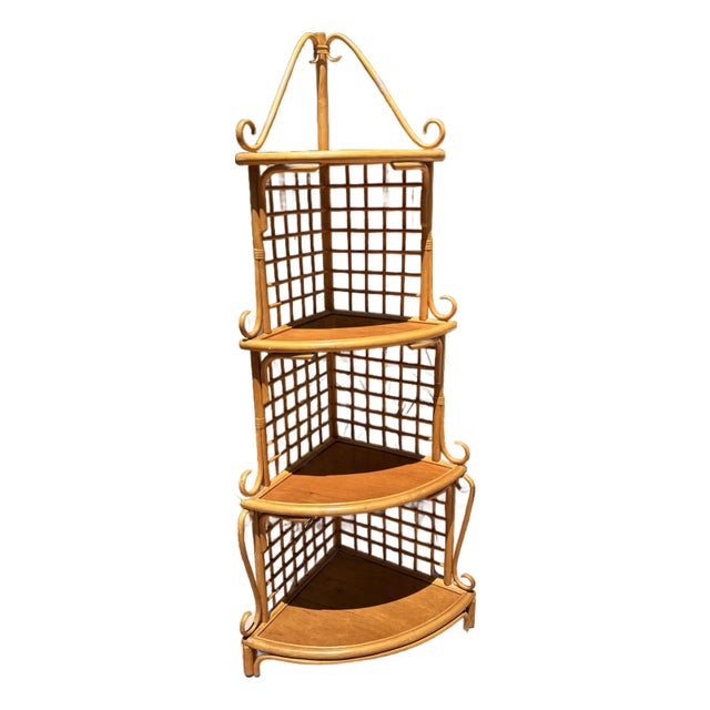 Restored Vintage, Midcentury, Rattan-Bamboo Corner E’tagere Shelving. Styled in the Manner of French Designer Vivai Del Sud. For Sale