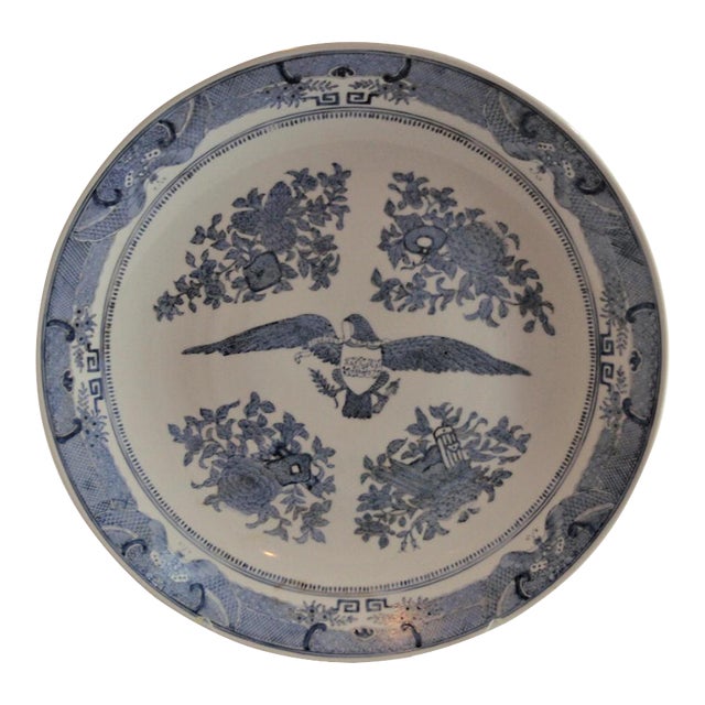 Large Vintage Chinese Porcelain Americana Theme Blue & White Shallow Bowl For Sale