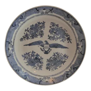 Large Vintage Chinese Porcelain Americana Theme Blue & White Shallow Bowl