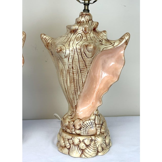 Beige Vintage Ceramic Conch Shell Table Lamps C1986- A Pair For Sale - Image 8 of 18