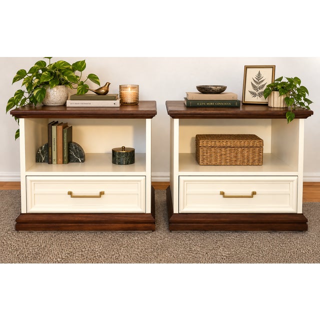 A gorgeous matching pair of vintage Advent by Drexel nightstands, manufactured in August 1969. These substantial little...
