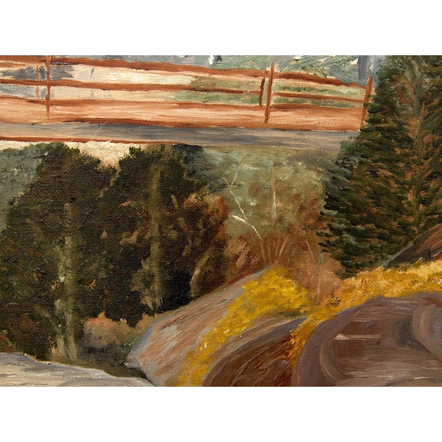 Mid-Century Modern Vintage Mountain River Landscape Painting With Bridge For Sale - Image 3 of 8