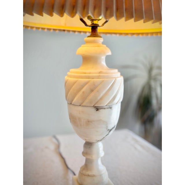 Vintage Italian Neoclassical Style Carved Alabaster Table Lamp With Pleated Lamp Shade For Sale In Los Angeles - Image 6 of 11