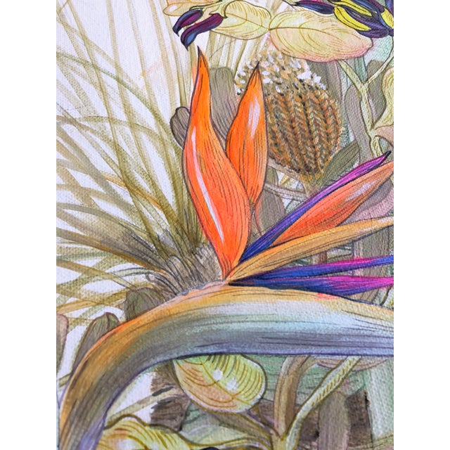 This bright and wild scene features exotic bird of paradise blooms and the dramatic plumes of the grass tree, the palm...