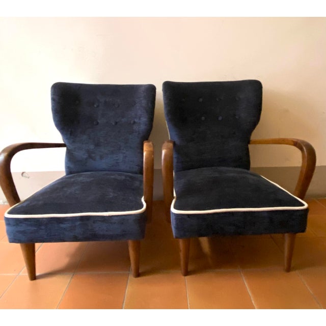 Art Deco Armchairs in Walnut and Velvet, Italy, 1930s, Set of 2 For Sale - Image 12 of 12