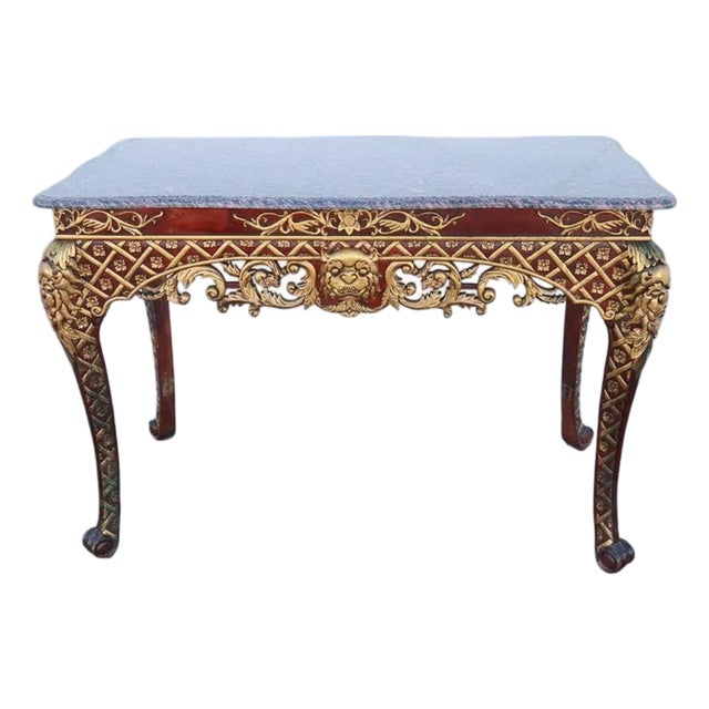 Late 20th Century Italian Painted & Parcel-Gilt Marble Top Console Table With Mythical Mask Carvings, 48.5" For Sale