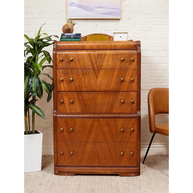 Early 20th Century Early 20th Century Art Deco Waterfall Highboy Dresser For Sale - Image 5 of 12