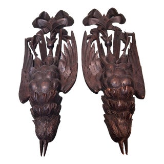 Antique Black Forest Wall Ornaments in Hand-Carved Walnut, 1890s, Set of 2 For Sale