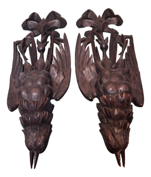 Antique Black Forest Wall Ornaments in Hand-Carved Walnut, 1890s, Set of 2