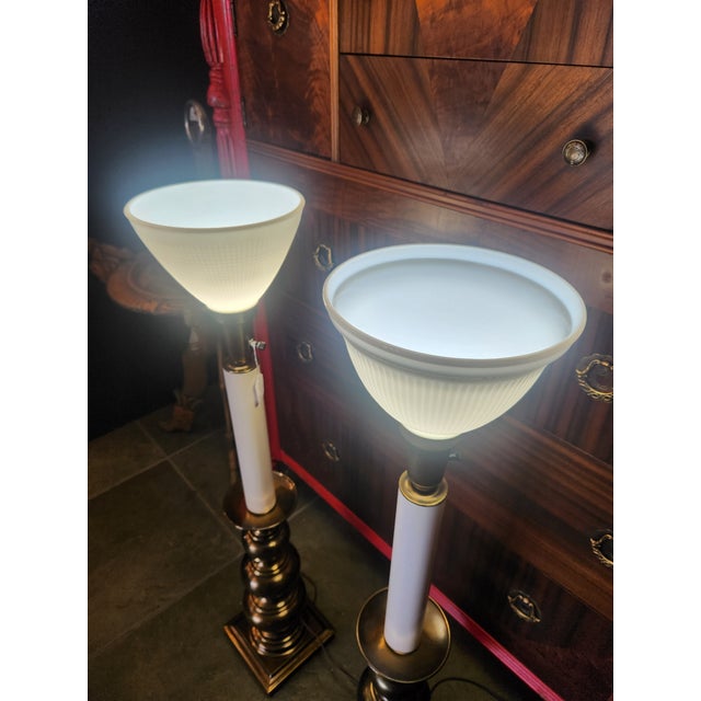 Stiffel Mid 20th Century Pair of Stiffel Torchiere Brass Lamps For Sale - Image 4 of 8