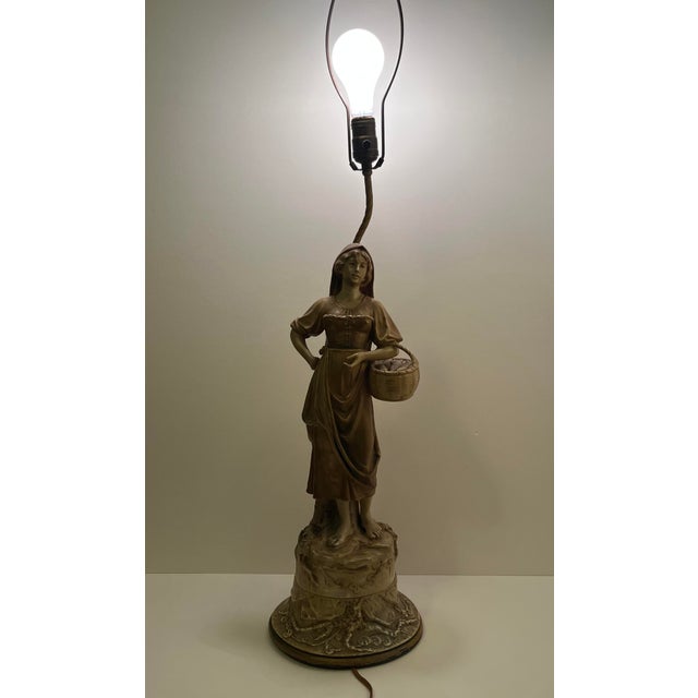 Antique C.1920s j.b. Hirsch Figural Porcelain Lady Lamp Wood Chalkware Base 39.5 For Sale - Image 11 of 12