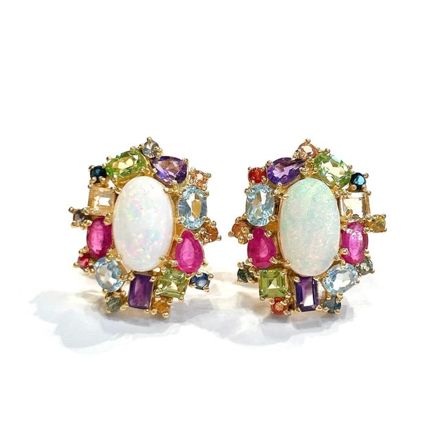 Baroque Bochic “Orient” Retro Opal, Ruby & Sapphire Earrings Set In 18K Gold & Sapphire, 2 pieces For Sale - Image 3 of 11
