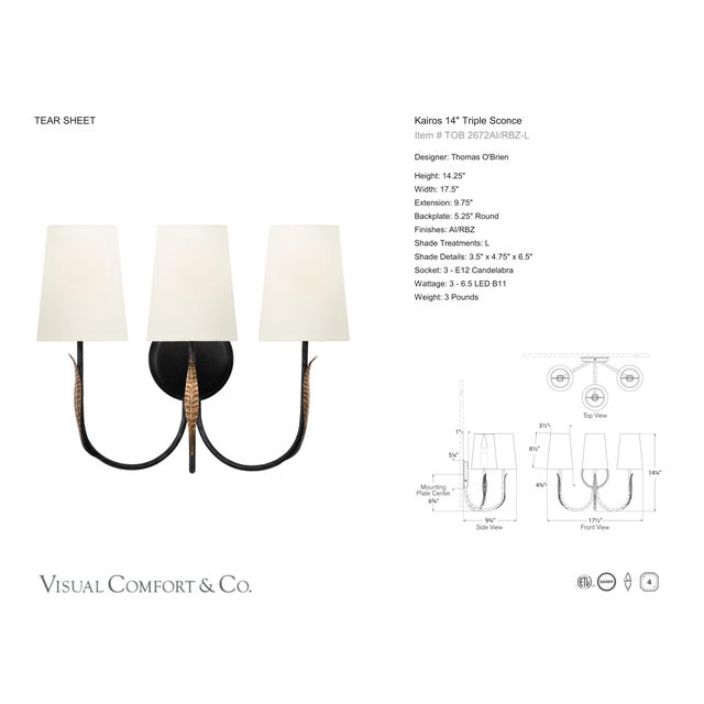 Metal Thomas O'Brien for Visual Comfort Signature Kairos 14" Triple Sconce in Aged Iron and Roman Bronze with Linen Shades For Sale - Image 7 of 9