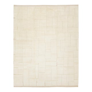 Contemporary Sculpted Ivory Moroccan Wool Rug Hand-Knotted Geometric High-Low For Sale