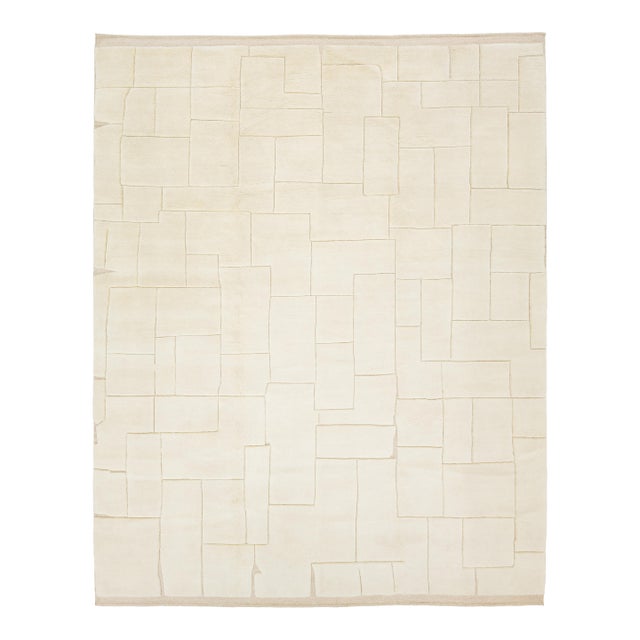 Contemporary Sculpted Ivory Moroccan Wool Rug Hand-Knotted Geometric High-Low For Sale