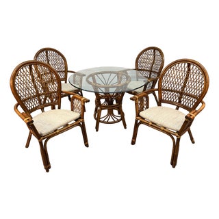 Vintage Boho Wicker Rattan and Bamboo Dining Set For Sale