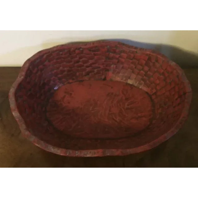 Antique Japanese Red Lacquer Carved Wood Basketweave Centerpiece Bowl For Sale - Image 9 of 13