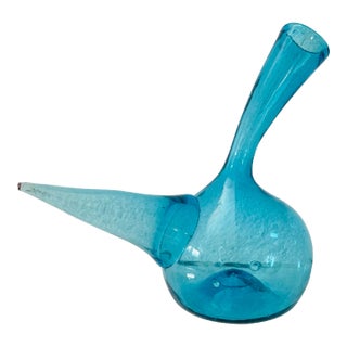 Antique Hand Bown Mexican Blue Glass Porron Wine Decanter For Sale