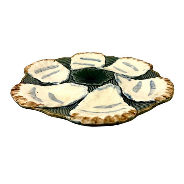 Olive Pair of Antique French Ironstone Majolica Oyster Dishes by Faïencerie De Longchamp For Sale - Image 8 of 10