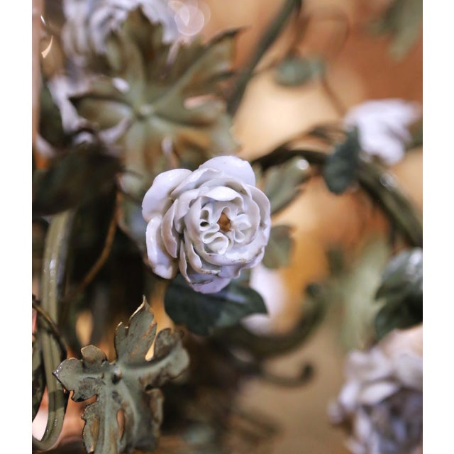 Metal Early 20th Century French Floral Six-Light Metal Chandelier With Porcelain Bird For Sale - Image 7 of 8