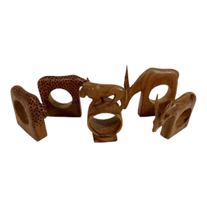 African Carved Wood Napkin Rings, Set of 5