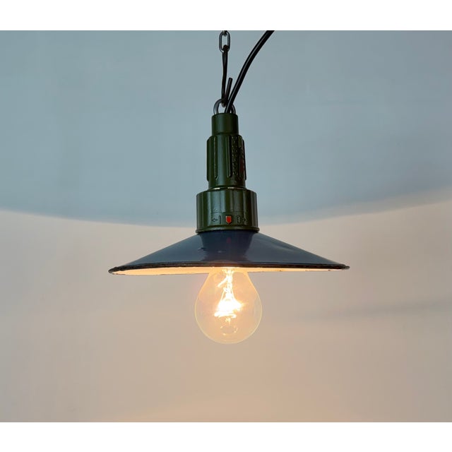 Metal Industrial Blue Enamel Military Pendant Lamp with Cast Aluminium Top, 1960s For Sale - Image 7 of 17