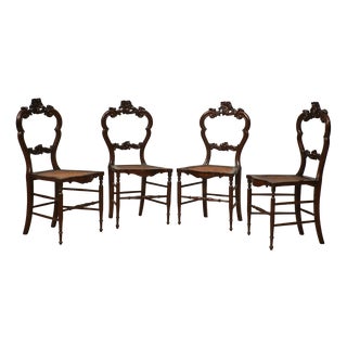 Louis Philippe Italian Walnut and Vienna Straw Chairs, 1940s, Set of 4 For Sale