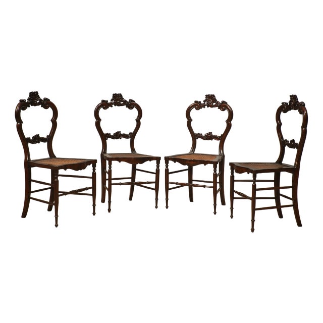 Louis Philippe Italian Walnut and Vienna Straw Chairs, 1940s, Set of 4 For Sale