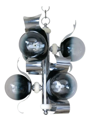 Vintage Italian Chandelier W/ Murano Glass Globes, Curved Chrome Metal Frame by Sciolari C 1960s