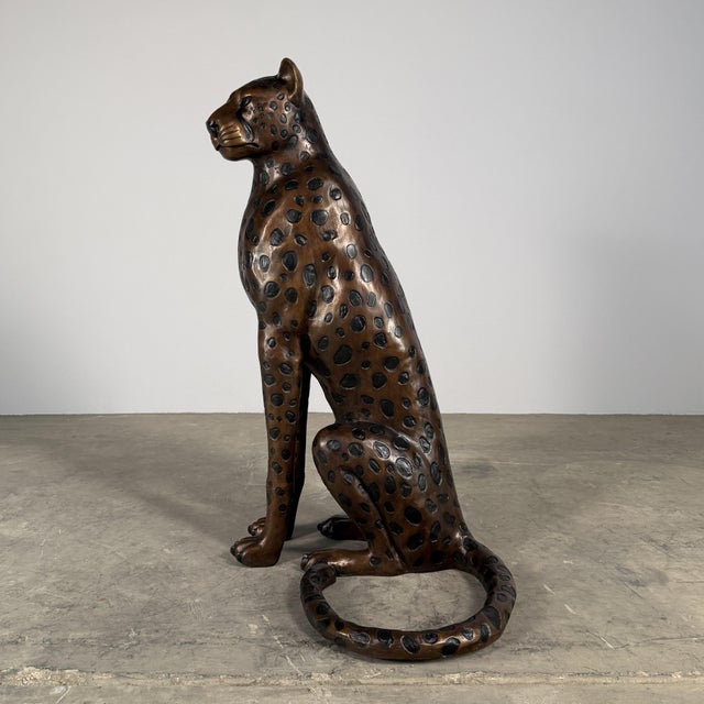 Metal Large Bronze Cheetah Sculpture – Seated Spotted Leopard, 43” H Wildlife Art Statement For Sale - Image 7 of 11