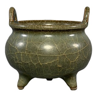 Antique Chinese Celadon Crackle Glaze Tripod Censer, Collectible Ceramic For Sale