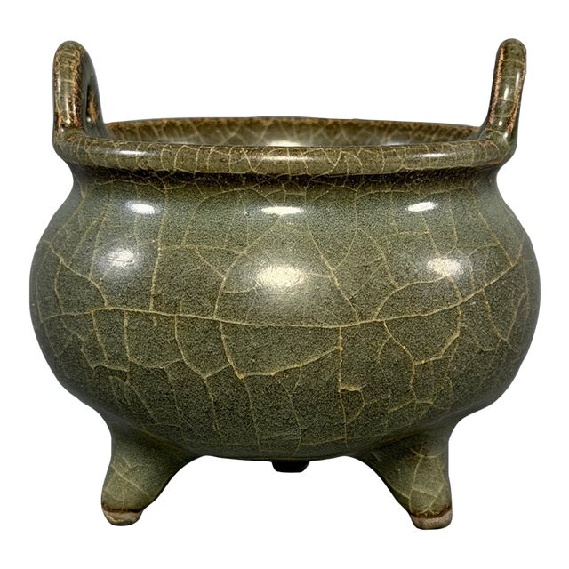 Antique Chinese Celadon Crackle Glaze Tripod Censer, Collectible Ceramic For Sale