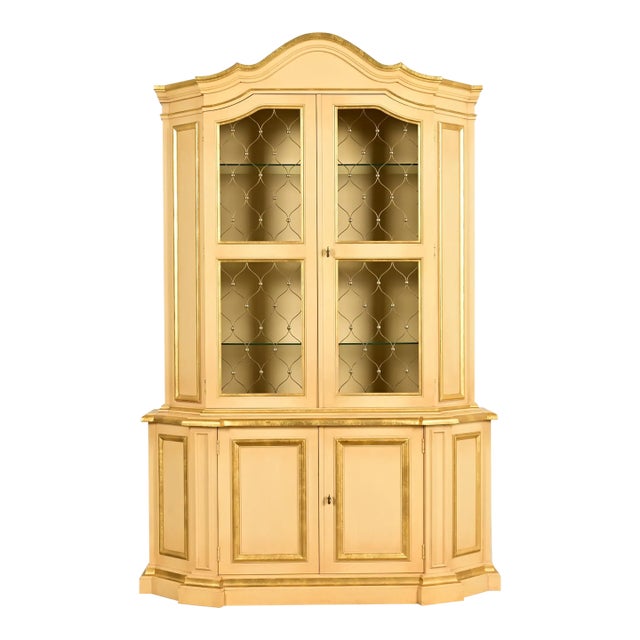 Karges Style French Regency Louis XVI Cream Lacquered and Gold Gilt Breakfront Bookcase Cabinet, Circa 1960s For Sale