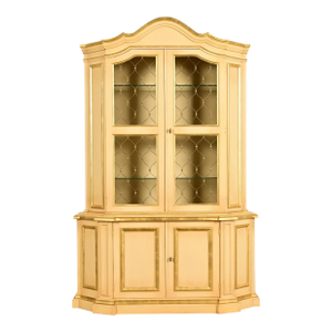 Karges Style French Regency Louis XVI Cream Lacquered and Gold Gilt Breakfront Bookcase Cabinet, Circa 1960s